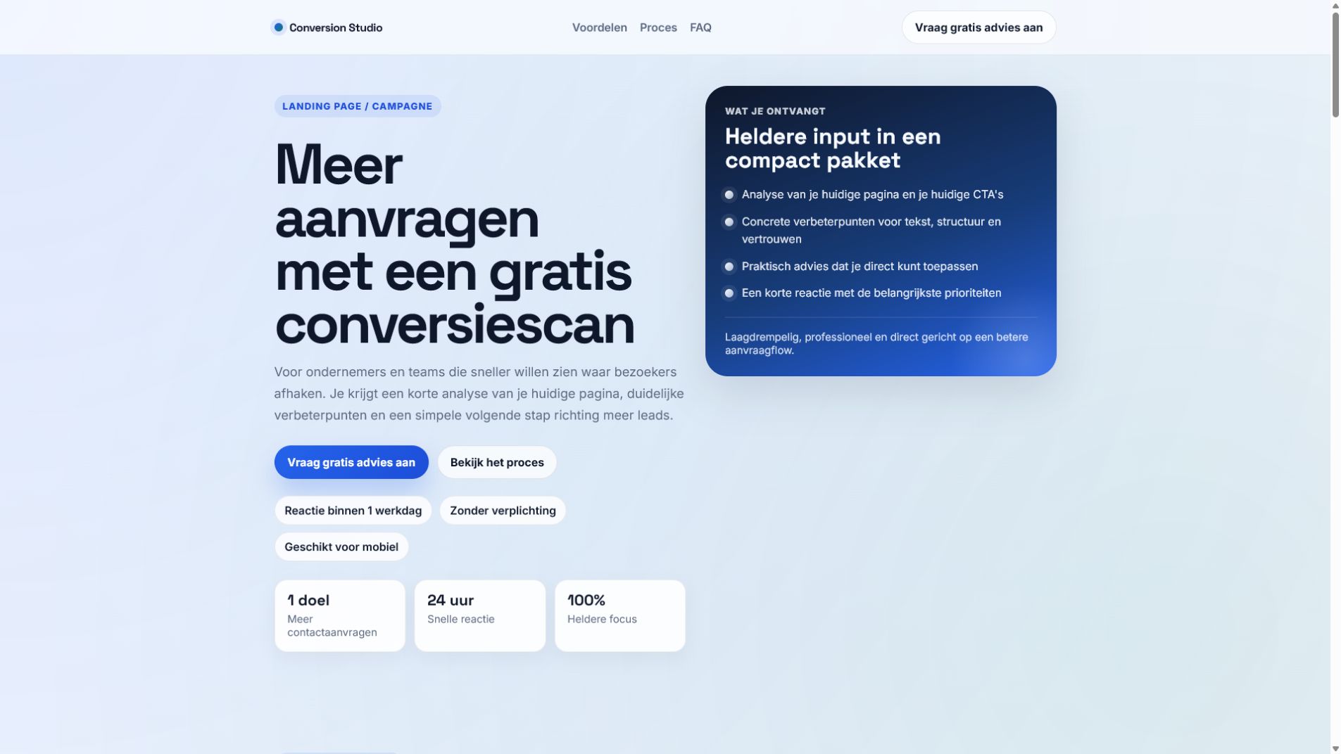 Preview van landingspagina voor gratis conversiescan