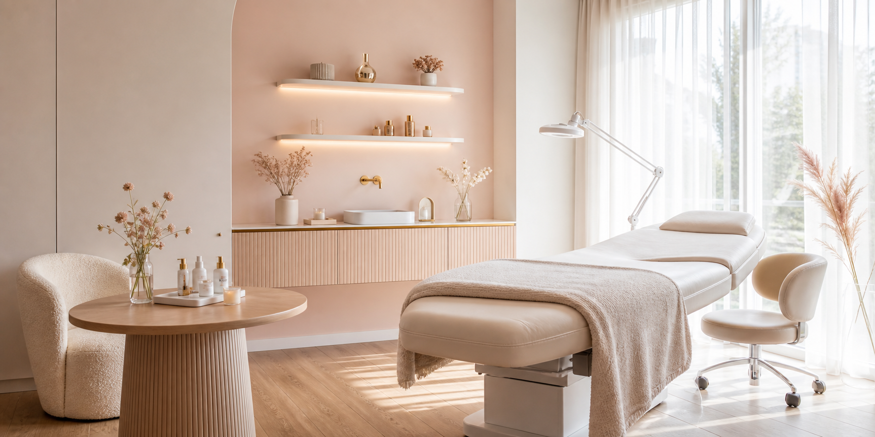 Rustige brow studio met behandelstoel en warm daglicht