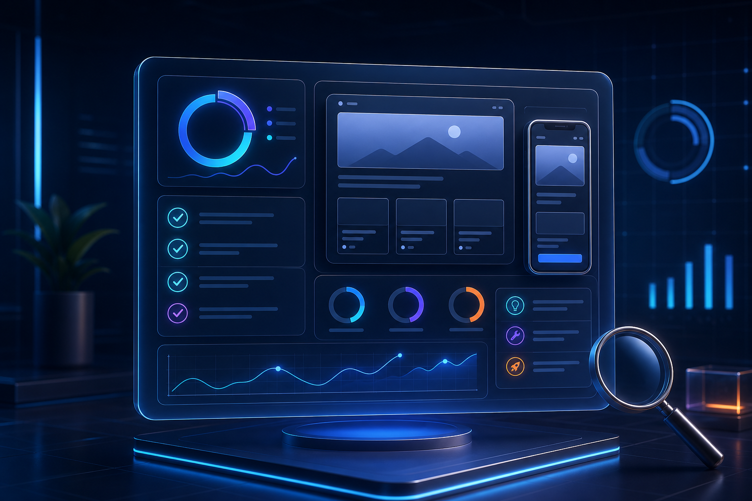 3D dashboardvisual voor een gratis website-check