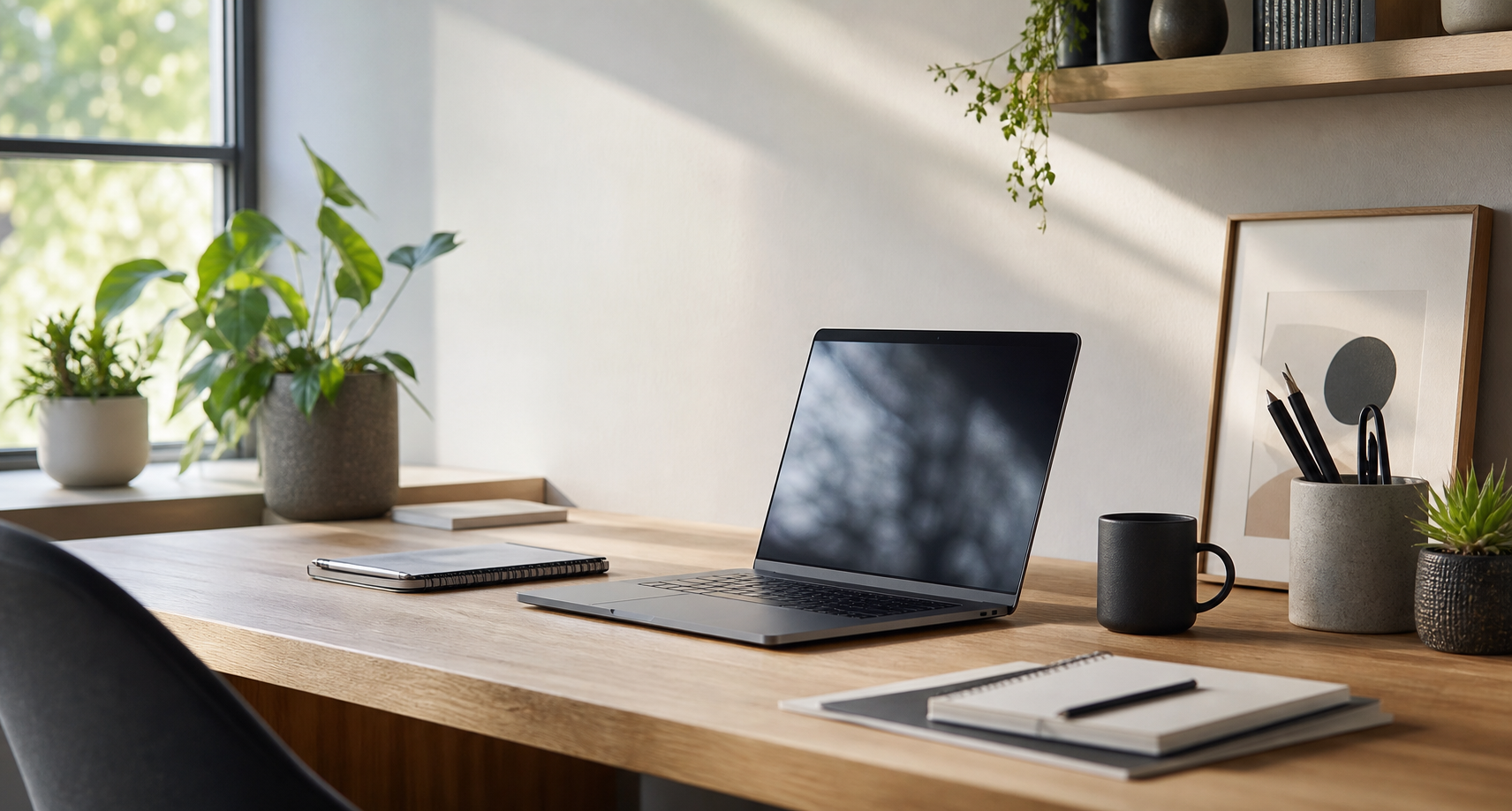 Werkplek met laptop, notitieboek en stille daglichtsfeer