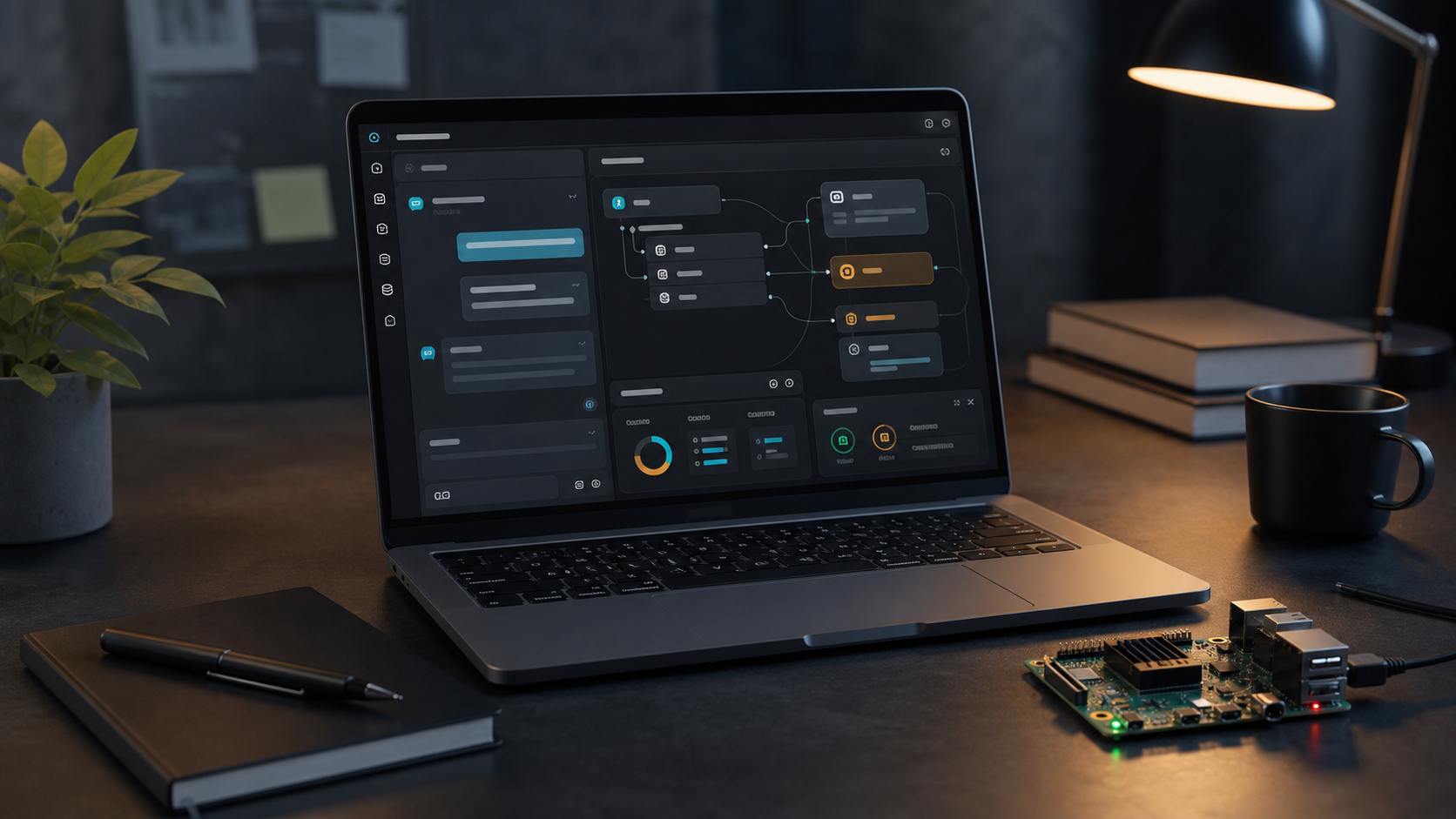 Laptop met abstract AI-dashboard en lokale modelnodes