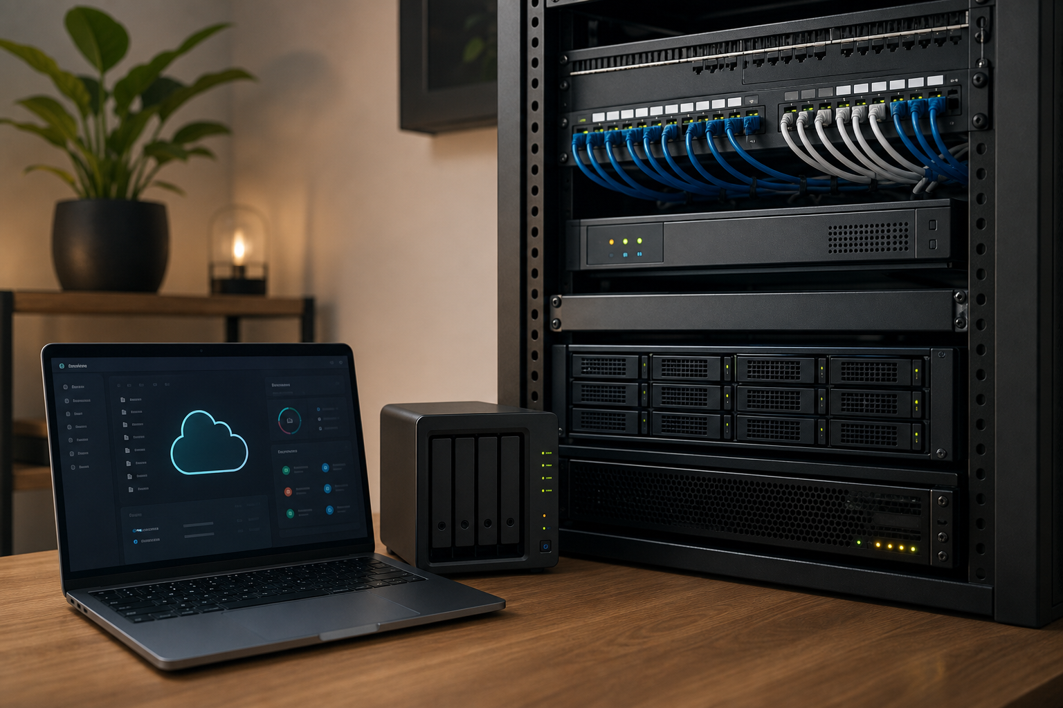 Homelab met serverrack, opslag en netwerkapparatuur